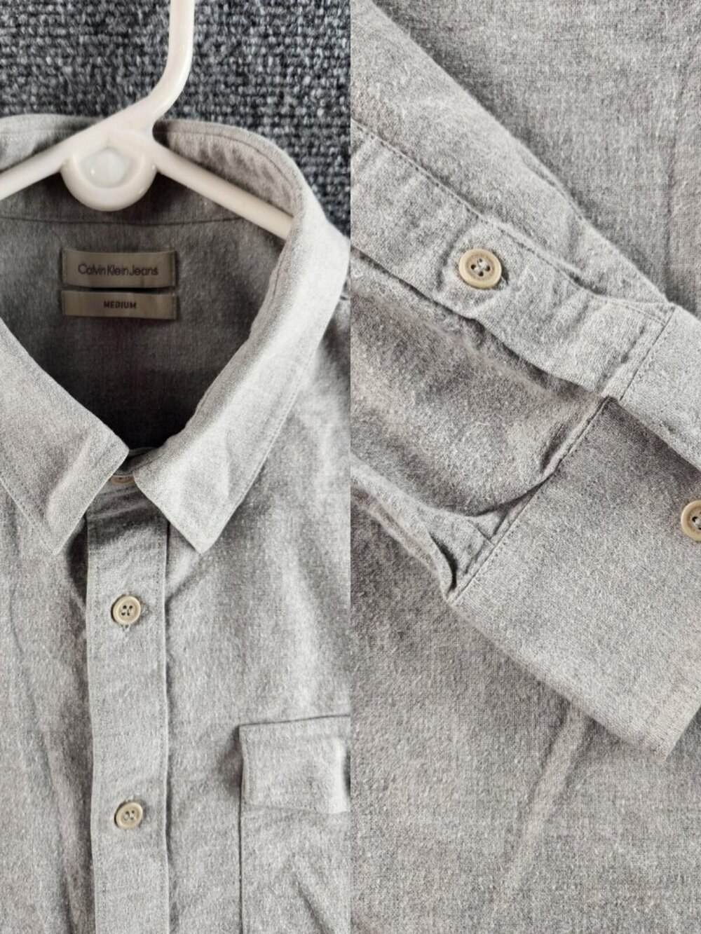 Calvin Klein Medium Gray Flannel Button Up Shirt Men Long Sleeve Soft Point
